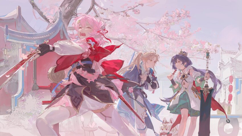 1boy 2girls architecture black_gloves black_hair blonde_hair blurry book book_stack cherry_blossoms chinese_clothes closed_mouth day dress east_asian_architecture fingerless_gloves flower food glove_cutout gloves hair_ornament highres holding holding_food holding_sword holding_weapon honkai:_star_rail honkai_(series) jewelry lantern long_hair long_sleeves looking_at_another march march_7th_(honkai:_star_rail) march_7th_(hunt)_(honkai:_star_rail) multiple_girls outdoors panni_xing pants pink_flower pink_hair ponytail sword tanghulu thighhighs tree wagashi weapon white_thighhighs yanqing_(honkai:_star_rail) yellow_eyes yunli_(honkai:_star_rail)