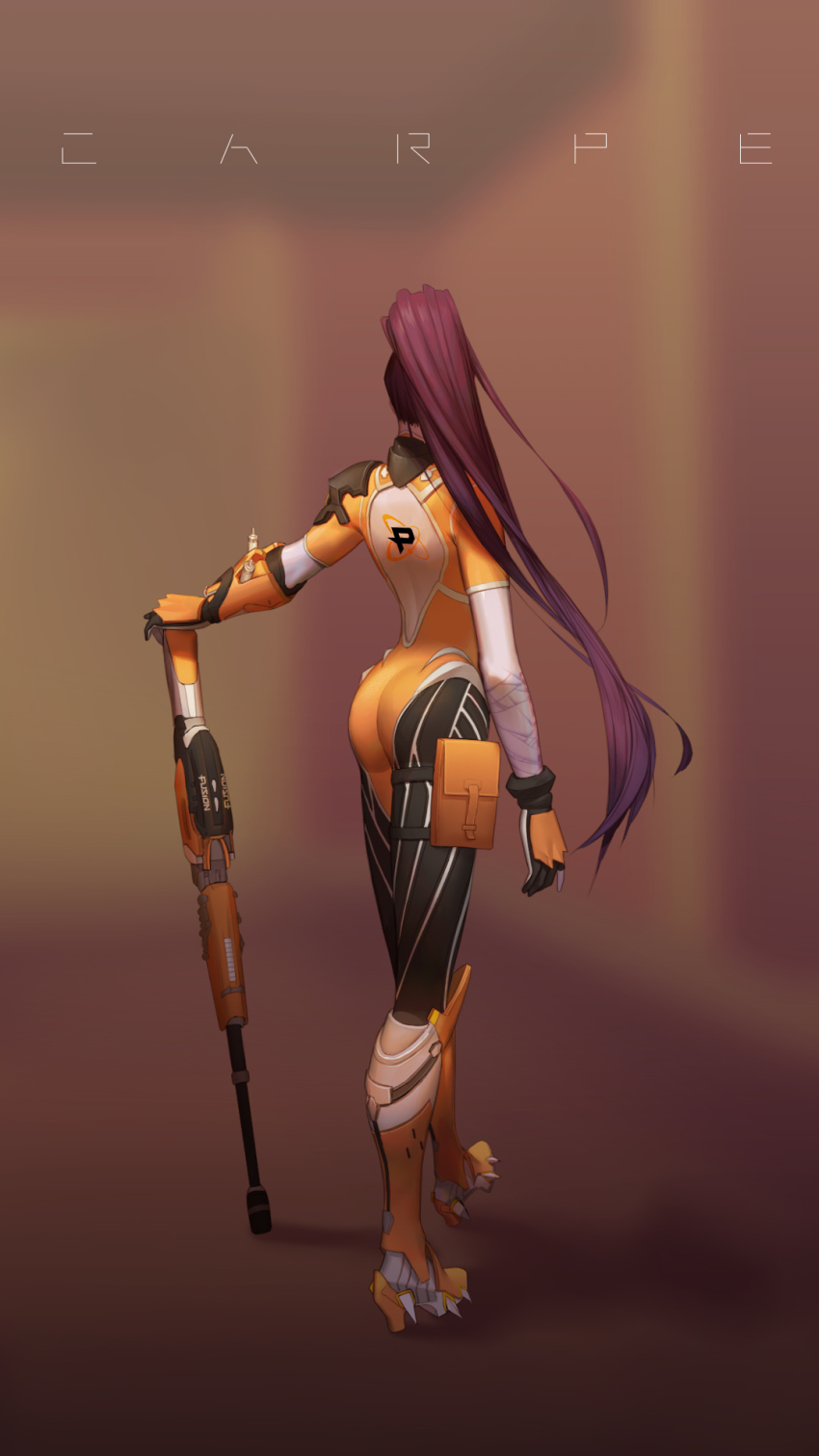 1girl ass back boots colored_skin esports fingerless_gloves philadelphia_fusion_widowmaker gloves gun highres long_hair nezumi_(tuboshu2013) official_alternate_costume overwatch overwatch_1 overwatch_league philadelphia_fusion_widowmaker ponytail purple_hair purple_skin rifle solo tattoo very_long_hair weapon widowmaker_(overwatch)