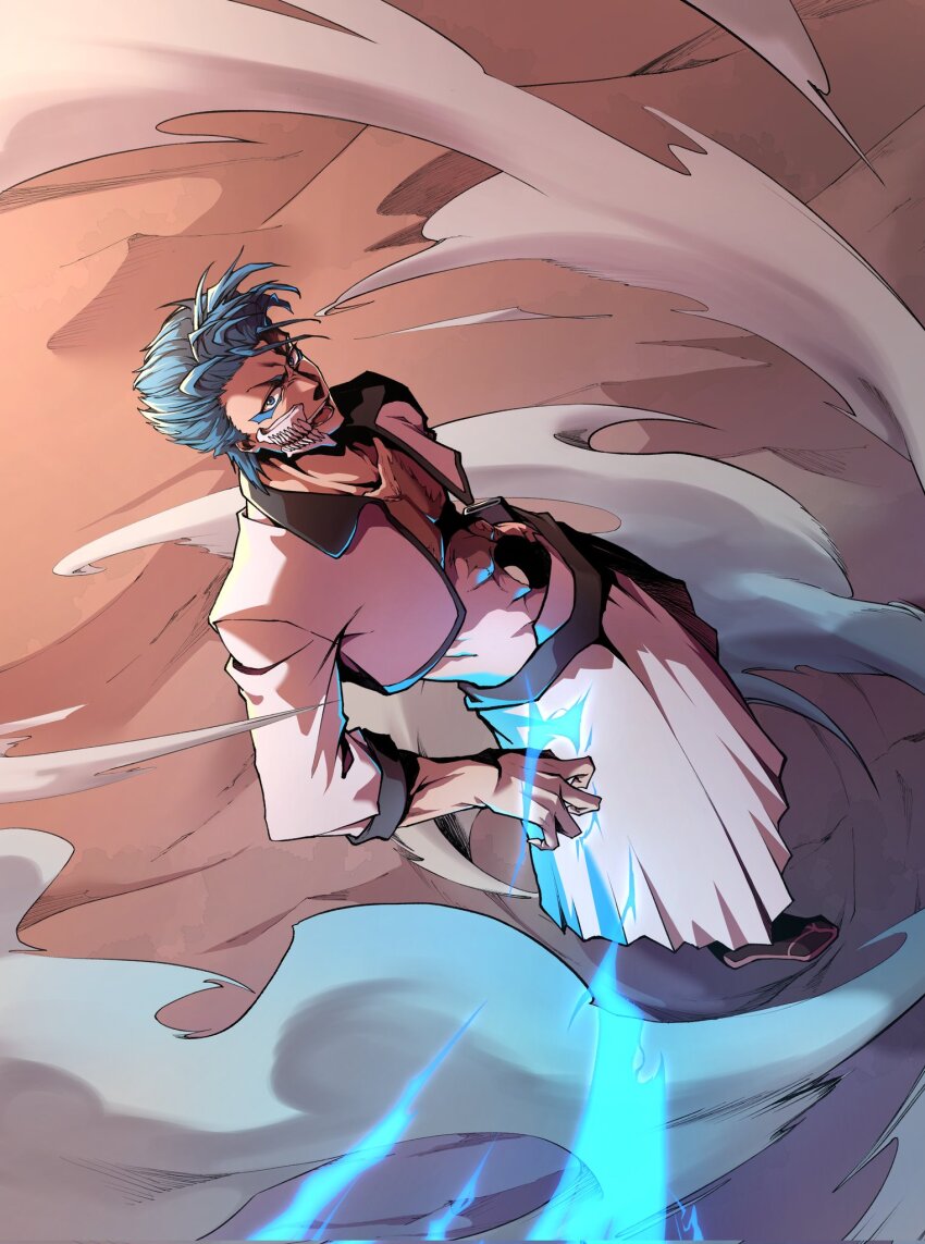 1boy arrancar black_socks bleach blue_eyes blue_hair broken_mask collarbone cropped_jacket facial_mark from_above grimmjow_jaegerjaquez hakama highres hole_in_stomach hole_on_body jacket japanese_clothes looking_at_viewer male_focus mask open_clothes open_jacket open_mouth pectorals sand scar scar_on_chest seodan_2p sleeves_rolled_up socks solo two-sided_fabric waraji white_hakama wind