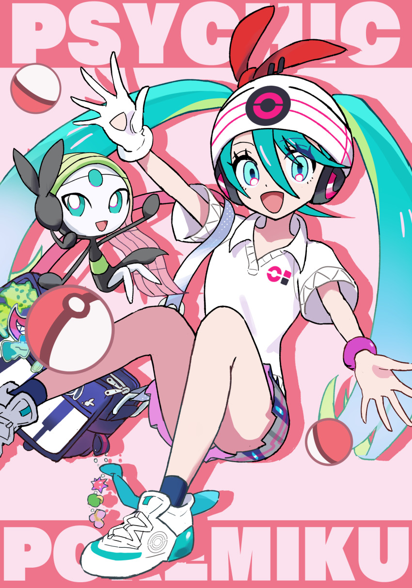 1girl :d arm_up bag beanie bracelet collared_shirt commentary_request creatures_(company) eyelashes game_freak gen_5_pokemon gloves green_eyes green_hair grey_skirt hair_between_eyes hat hatsune_miku headphones highres jewelry legendary_pokemon long_hair looking_at_viewer meloetta mythical_pokemon nintendo no_feet open_mouth poke_ball poke_ball_(basic) pokemon pokemon_(creature) project_voltage psychic_miku_(project_voltage) ryoha_kosako shirt shoes short_sleeves skirt smile socks twintails vocaloid white_footwear white_gloves white_headwear white_shirt