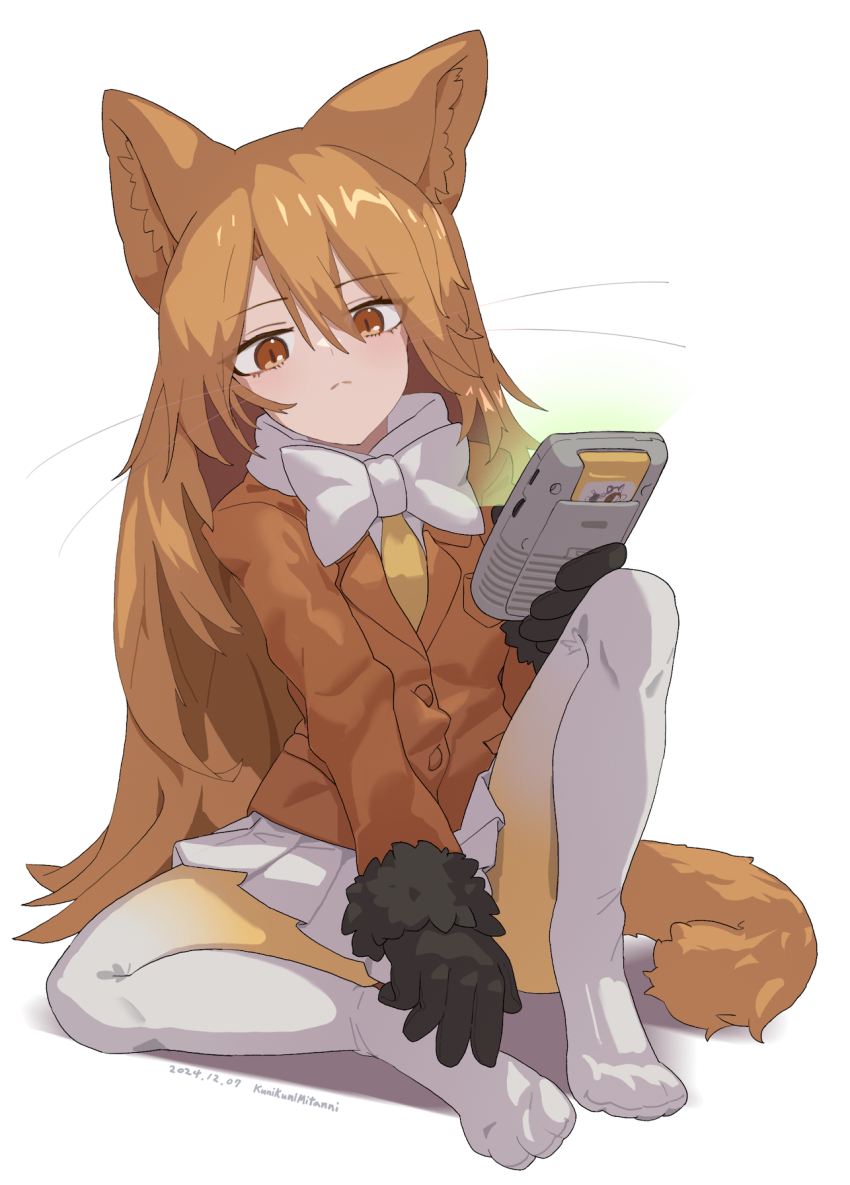 1girl animal_ears blush bow bowtie brown_fur brown_gloves ezo_red_fox_(kemono_friends) fox_ears fox_girl fox_tail fur_trim game_boy gloves gradient_pantyhose hair_between_eyes handheld_game_console highres jacket kemono_friends kunikuni_(kunihiro2005) long_hair long_sleeves necktie no_shoes orange_eyes orange_hair orange_jacket orange_necktie orange_pantyhose pantyhose pleated_skirt sidelocks sitting skirt slit_pupils solo tail white_bow white_bowtie white_pantyhose white_skirt