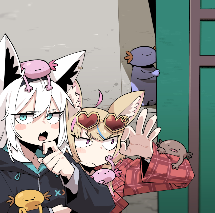 2girls :3 :d absurdres ahoge animal animal_ear_fluff animal_ears animal_on_arm animal_on_head axolotl axolotl_(minecraft) black_hoodie blonde_hair blue_eyes blush cocomayo29_(tomato) commentary_request eyewear_on_head fang finger_to_mouth fox_ears fox_girl hair_between_eyes heart heart-shaped_eyewear highres holding holding_animal hololive hood hoodie jacket korean_commentary long_sleeves looking_ahead minecraft multiple_girls official_alternate_costume omaru_polka omaru_polka_(5th_costume) on_head open_mouth plaid_clothes plaid_jacket purple_eyes red_jacket shirakami_fubuki shirakami_fubuki_(loungewear) smile sunglasses upper_body virtual_youtuber white_hair