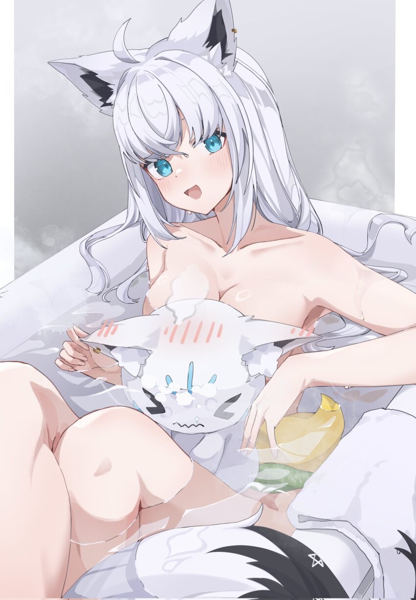 &gt;_&lt; 1girl 1other ahoge angeldu animal_ear_fluff animal_ear_piercing animal_ears aqua_eyes bath bathtub black_tail blush border breasts cleavage crossed_bangs double-parted_bangs earrings extra_ears feet_out_of_frame fox_ears fox_girl fox_tail grey_background highres hololive in_bathtub indoors jewelry long_hair looking_at_viewer low-tied_long_hair multicolored_tail nude pentagram shirakami_fubuki sidelocks simple_background single_earring smile steam sukonbu_(shirakami_fubuki) tail towel virtual_youtuber water wet wet_hair white_border white_hair white_tail