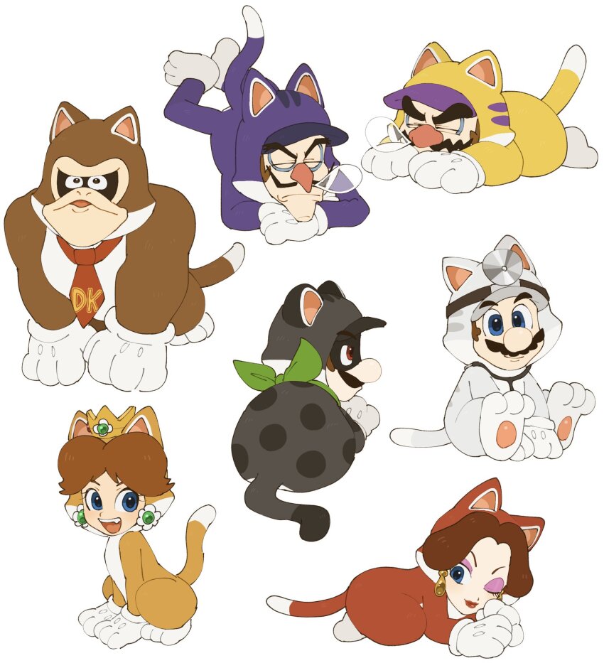 2girls 5boys ape brown_hair cat_daisy cat_luigi cat_mario donkey_kong donkey_kong_(series) dr._mario dr._mario_(game) earrings facial_hair gloves highres jewelry luigi male_focus mario mario_(series) mimimi_(mimimim9999) mr._l multiple_boys multiple_girls mustache nintendo official_alternate_costume open_mouth paper_mario pauline_(mario) shirt short_hair super_mario_3d_world super_paper_mario waluigi wario