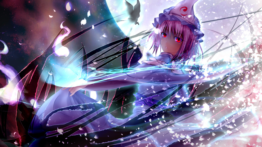 1girl absurdres blue_dress bug butterfly danmaku dress female_focus full_moon garyljq glowing glowing_eyes hat highres insect moon night pink_eyes pink_hair revision saigyouji_yuyuko short_hair sky solo touhou