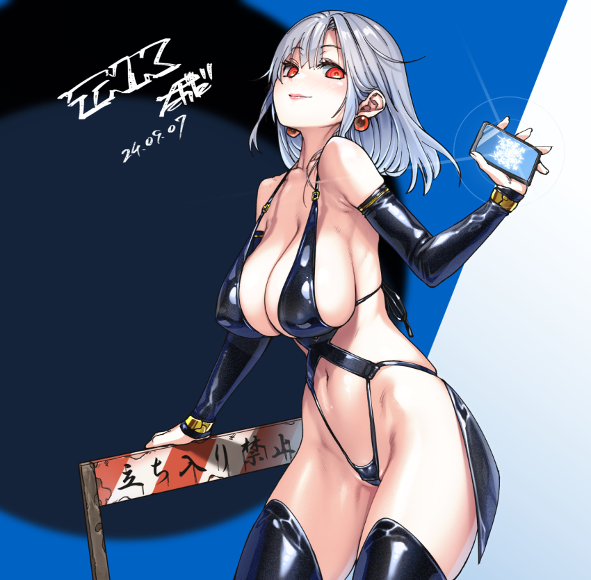 1girl breasts commentary_request covered_erect_nipples detached_sleeves earrings grey_hair highleg highres jewelry large_breasts latex looking_at_viewer medium_hair navel original red_eyes revealing_clothes smile solo strap_gap takada_kazuhiro thighhighs