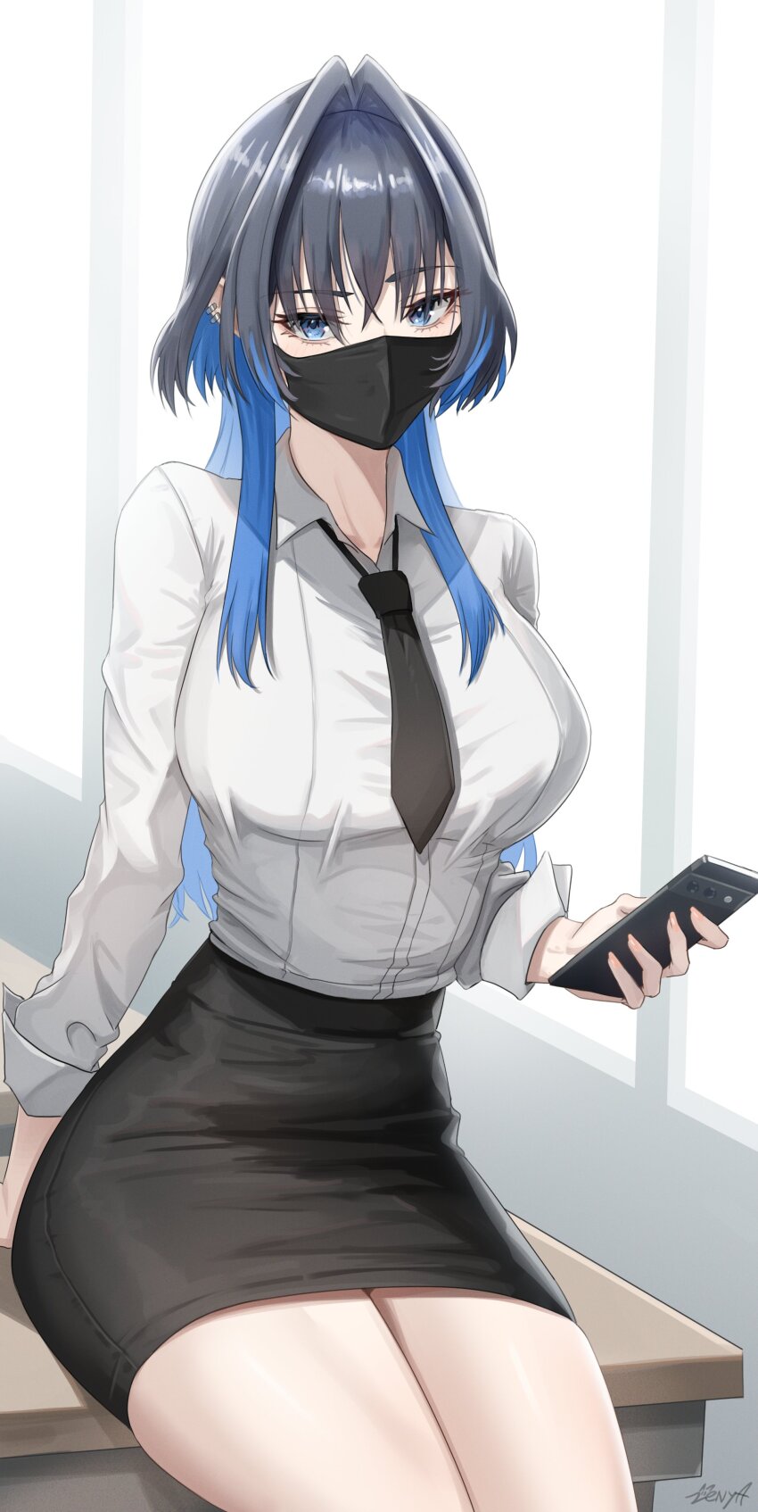 1girl absurdres black_mask black_necktie black_skirt blue_eyes blue_hair breasts cellphone collarbone collared_shirt ear_piercing good_thighs_day hair_intakes highres holding holding_phone hololive hololive_english large_breasts long_sleeves looking_at_viewer mask mouth_mask multicolored_hair necktie ouro_kronii pencil_skirt phone piercing shirt sidelocks sitting sitting_on_table skirt smartphone solo thighs virtual_youtuber white_shirt zenya