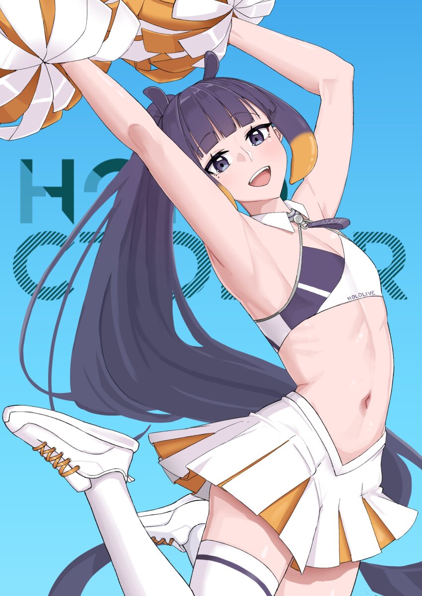 1girl absurdres armpits arms_up blunt_bangs cheerleader copyright_name flat_chest highres hololive hololive_english kuon_bb long_hair looking_at_viewer miniskirt navel ninomae_ina&#039;nis open_mouth pom_pom_(cheerleading) ponytail purple_eyes purple_hair skirt smile solo thighhighs tongue very_long_hair virtual_youtuber