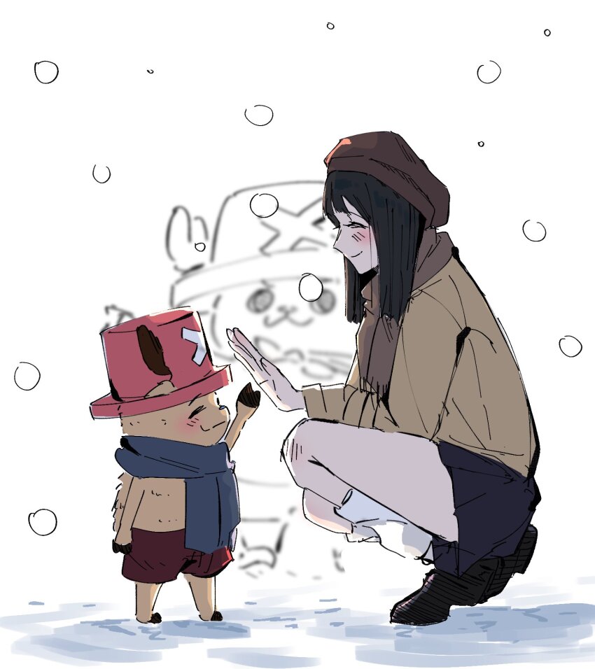 1boy 1girl ^_^ antlers black_hair blue_scarf blunt_bangs blush brown_hat brown_scarf closed_eyes commentary_request cross full_body hat high_five highres horns ibb_030 korean_commentary leg_warmers medium_hair nico_robin one_piece pink_hat profile reindeer_antlers scarf shorts skirt snowing squatting tony_tony_chopper white_leg_warmers