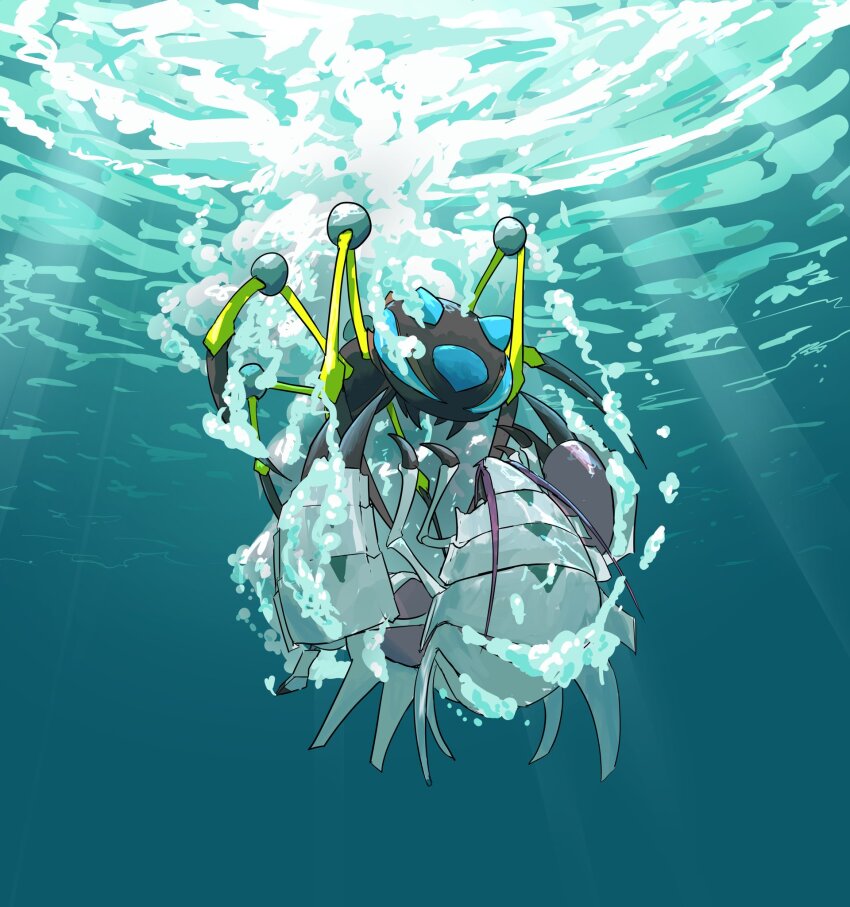 air_bubble animal_focus aqua_eyes araquanid bubble claws commentary_request creatures_(company) fighting futena_goze game_freak gen_7_pokemon golisopod highres light_rays nintendo no_humans pokemon pokemon_(creature) spikes underwater