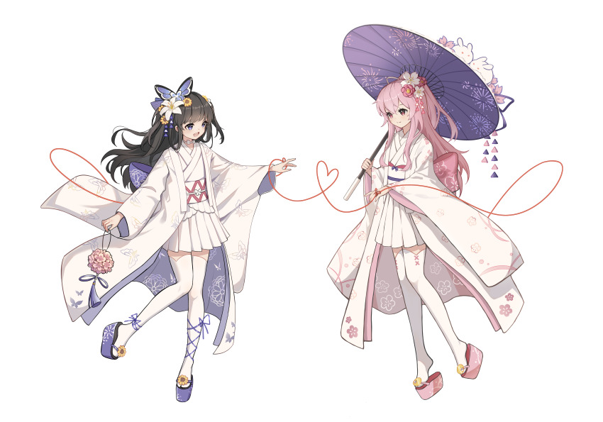 2girls absurdres black_hair butterfly_hair_ornament copyright_request flower full_body hair_ornament highres japanese_clothes kanzashi kimono lily_(flower) long_hair morimori_(14292311) multiple_girls obi open_clothes open_kimono parasol pink_eyes pink_hair pleated_skirt purple_eyes sash skirt string string_of_fate transparent_background umbrella white_kimono white_skirt yuri