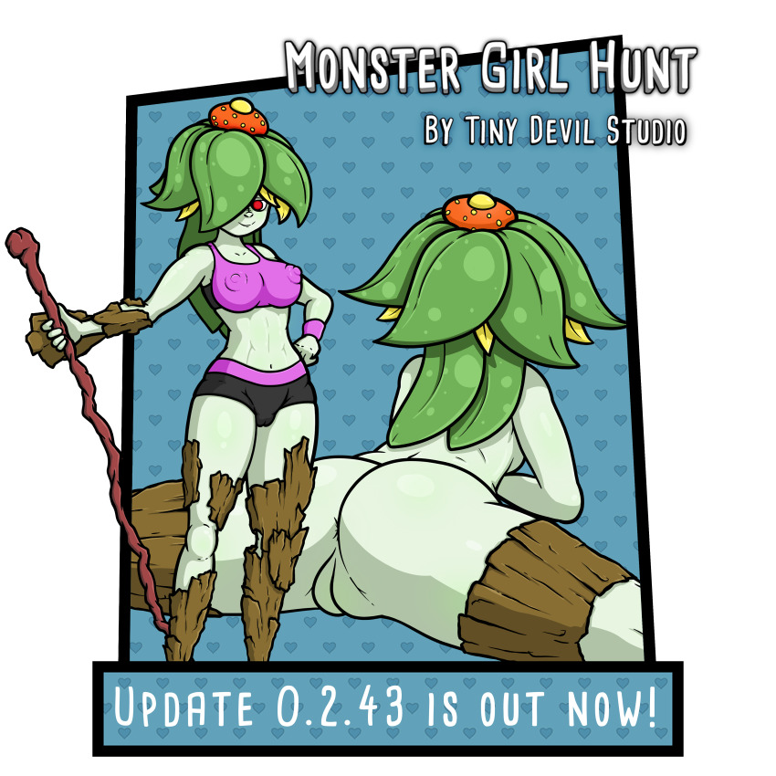 1girl absurdres anus anus_peek ass bare_shoulders cleft_of_venus colored_skin crop_top dryad english_text facing_viewer from_behind green_skin hair_over_one_eye hand_on_own_hip heart heart_background highres looking_at_viewer midriff monster_girl_hunt multiple_views navel nude pants plant_hair pussy red_eyes shirt short_shorts shorts skin_tight split split staff tank_top tight_clothes tight_pants tight_shirt tiny_devil_studio uncensored wristband