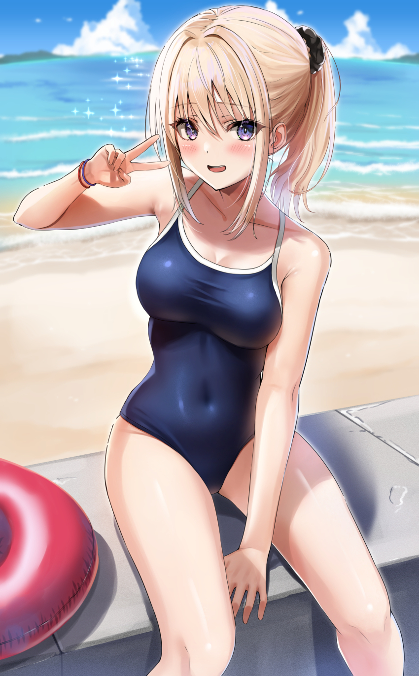 1girl bare_shoulders beach blonde_hair blush breasts cleavage competition_school_swimsuit gyaru halterneck highres inflatable_toy kogal looking_at_viewer medium_breasts midriff navel ocean one-piece_swimsuit original outdoors ponytail purple_eyes school_swimsuit sitting swimsuit v yukemuriganmo