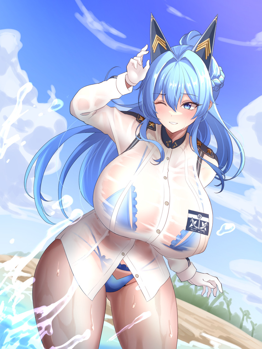 1girl absurdres beach bikini bikini_under_clothes blue_bikini blue_eyes blue_hair blush braid breasts chantatou-hwi day gloves goddess_of_victory:_nikke grin hair_intakes headgear helm_(aqua_marine)_(nikke) helm_(nikke) highres large_breasts long_hair ocean official_alternate_costume one_eye_closed outdoors ponytail sand see-through_clothes see-through_shirt shirt smile solo swimsuit wading water wet wet_clothes wet_shirt white_gloves white_shirt