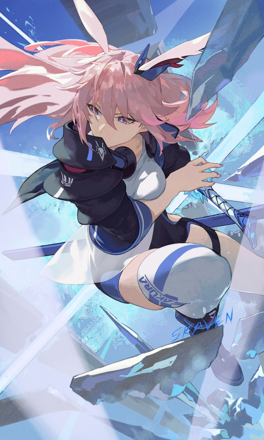 1girl absurdres animal_ears black_jacket black_shorts breasts chinese_commentary commentary_request covered_mouth fox_ears fox_girl hair_between_eyes highres holding holding_sword holding_weapon honkai_(series) honkai_impact_3rd jacket katana large_breasts long_hair looking_to_the_side open_clothes open_jacket pink_hair purple_eyes shirt shorts single_thighhigh skavenprime solo sword thighhighs thighs weapon white_shirt white_thighhighs yae_kasumi yae_sakura