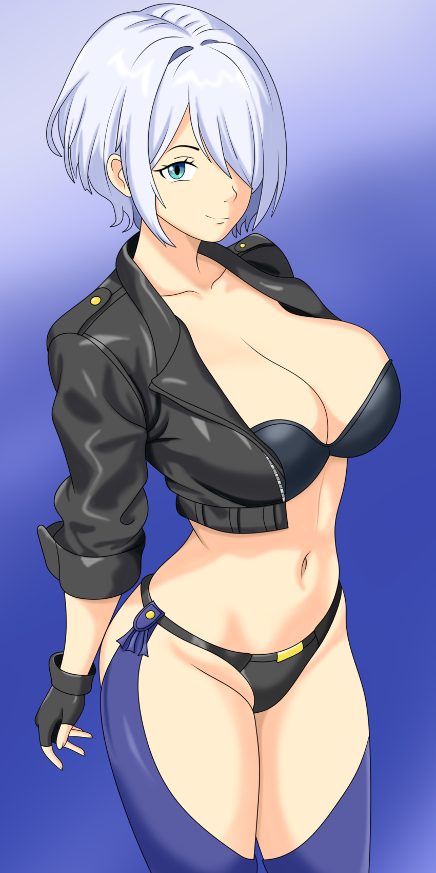 1girl angel_(kof) blue_eyes breasts chaps cleavage collarbone fingerless_gloves gloves hair_over_one_eye happish_clown jacket large_breasts midriff navel open_clothes open_jacket revealing_clothes smile snk the_king_of_fighters white_hair