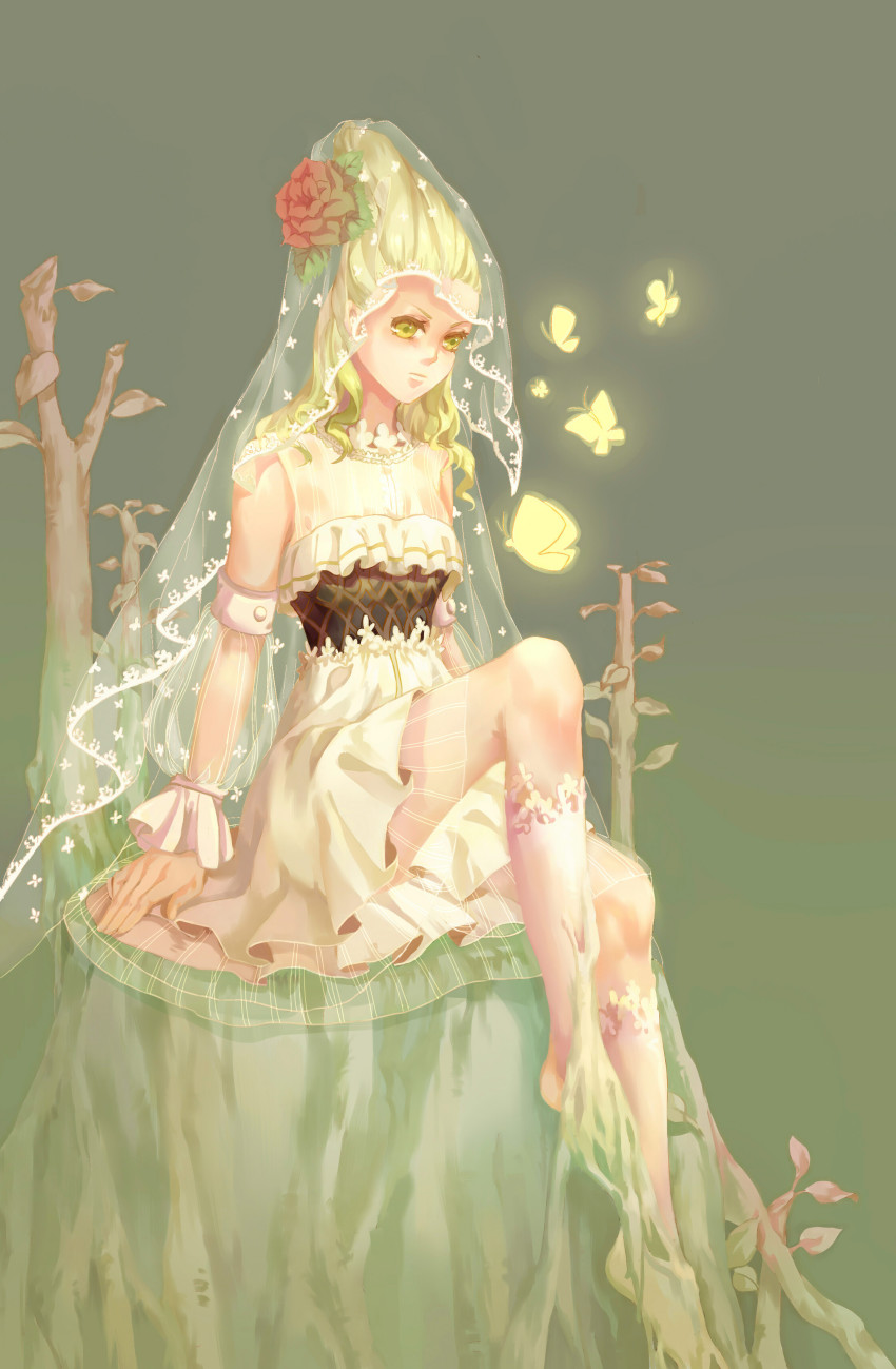 1girl absurdres bare_shoulders blonde_hair bug butterfly dama_(sindygao) detached_sleeves dress female_focus flower gradient_background green_background green_eyes green_hair hair_flower hair_ornament highres insect kneehighs matching_hair/eyes no_shoes original rose socks solo veil