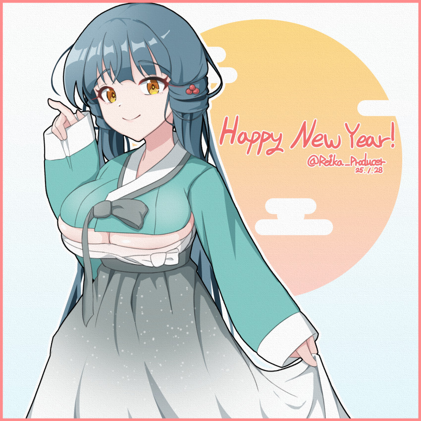 1girl absurdres blue_hair border breasts chest_sarashi cleavage closed_mouth cloud collar cowboy_shot dated dot_nose english_text gradient_clothes gradient_skirt green_hanbok green_shirt grey_hanbok grey_skirt hair_ornament hanbok hand_up happy_new_year highres idolmaster idolmaster_million_live! idolmaster_million_live!_theater_days jeogori_(clothes) kitakami_reika korean_clothes large_breasts light_smile looking_at_viewer new_year nillis outline pink_border sarashi shirt skindentation skirt sleeves_past_wrists solo sun twintails twitter_username underboob white_collar white_outline yellow_eyes