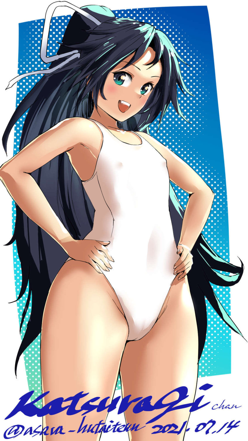 1girl asava_(hutaitenn) black_hair blue_eyes character_name cowboy_shot flat_chest hair_ribbon hands_on_own_hips highres kantai_collection katsuragi_(kancolle) long_hair looking_at_viewer one-piece_swimsuit ponytail ribbon smile solo standing swimsuit twitter_username upper_body white_one-piece_swimsuit