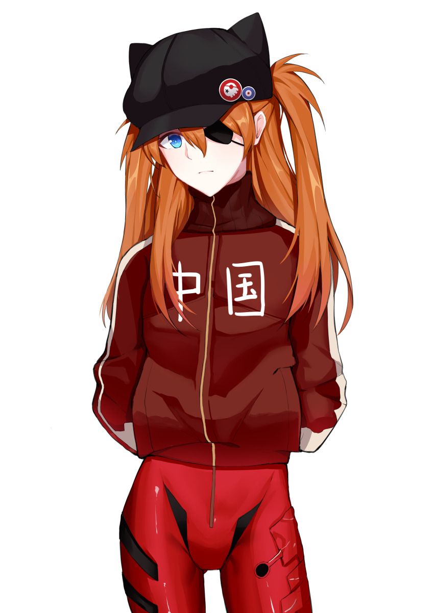 1girl absurdres black_hat blue_eyes bodysuit breasts brown_hair cowboy_shot evangelion:_3.0_you_can_(not)_redo expressionless eyepatch hands_in_pockets hat highres jacket lackerlin long_hair looking_at_viewer medium_breasts neon_genesis_evangelion plugsuit rebuild_of_evangelion red_bodysuit red_jacket shiny_clothes simple_background solo souryuu_asuka_langley standing straight_hair swept_bangs translation_request twintails very_long_hair