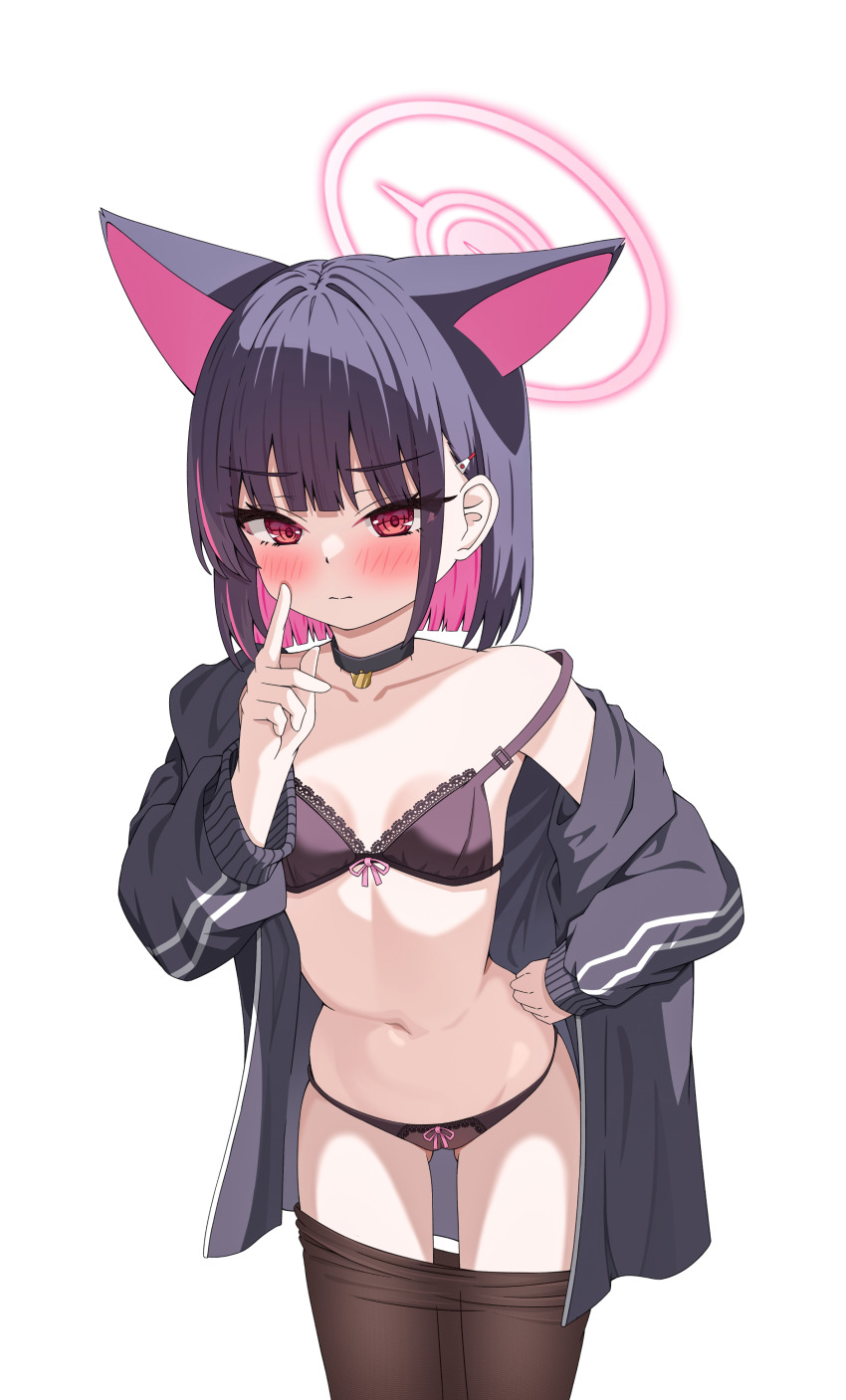 1girl absurdres animal_ears black_bra black_hair black_hoodie black_panties black_pantyhose blue_archive blush bra breasts cat_ears cat_girl clothes_pull colored_inner_hair erierica_(erica) frown halo hand_on_own_hip highres hood hood_down hoodie kazusa_(blue_archive) multicolored_hair navel off_shoulder open_clothes open_hoodie panties pantyhose pantyhose_pull petite pink_hair short_hair simple_background small_breasts stomach strap_slip two-tone_hair underwear white_background