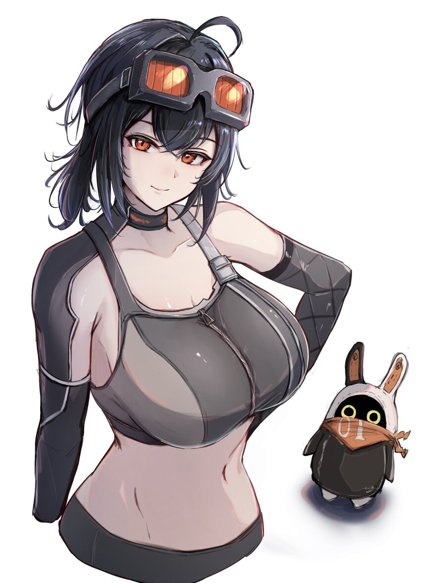 1girl ahoge bangboo_(zenless_zone_zero) bare_shoulders black_choker black_hair breasts choker crop_top cropped_torso eous_(zenless_zone_zero) goggles goggles_on_head grace_howard head_tilt highres large_breasts looking_at_viewer midriff navel orange_eyes poni_(poni_arknights) short_hair simple_background smile solo sports_bra stomach upper_body white_background zenless_zone_zero