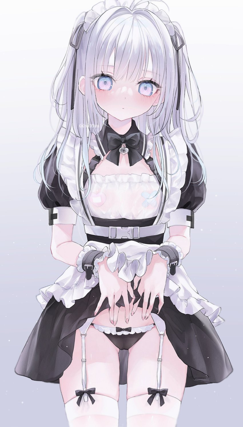 1girl absurdres apron blush bow bow_panties clothes_lift commentary_request cowboy_shot dress dress_lift eyes_visible_through_hair fingernails flat_chest frills garter_straps gluteal_fold gradient_background grey_eyes grey_hair heart heart_pasties highres long_fingernails long_hair looking_at_viewer maid mashiro_shiki mikuro_(si10ra) nail_polish original panties pasties pink_nails puffy_short_sleeves puffy_sleeves see-through_clothes short_sleeves signature solo standing two_side_up underwear waist_apron wrist_cuffs