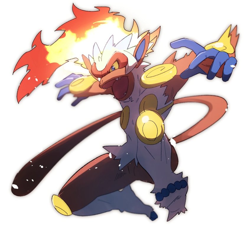 blue_eyes blurry colored_sclera commentary_request creatures_(company) fangs fire game_freak gen_4_pokemon infernape looking_down morio_(poke_orio) nintendo open_mouth pokemon pokemon_(creature) solo tongue white_background yellow_sclera