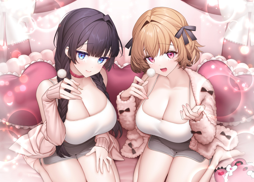 2girls absurdres barefoot black_hair blue_eyes braid breasts brown_hair camisole choker cleavage closed_mouth collarbone feet giuniu grey_shorts hair_ribbon heart heart-shaped_pillow highres large_breasts long_hair looking_at_viewer mimikaki multiple_girls open_mouth otoko_girai_na_bijin_shimai_wo_namae_mo_tsugezu_ni_tasuketara_ittai_dounaru? pillow pink_sweater purple_eyes red_choker ribbon shinjou_aina short_hair shorts sitting smile sweater thighs toes twin_braids wariza white_camisole