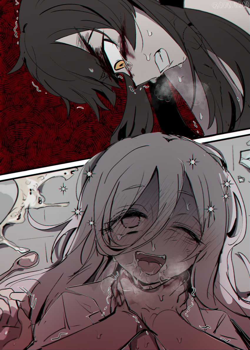 2girls an_sin asphyxiation black_hair clenched_teeth comic female_pov highres long_hair mahou_shoujo_ni_akogarete masochism multiple_girls one_eye_closed open_mouth pov profile ryona simple_background spill spoon strangling sweat tada_randa tanaka_michiko tears teeth tongue upper_teeth_only white_hair yellow_eyes