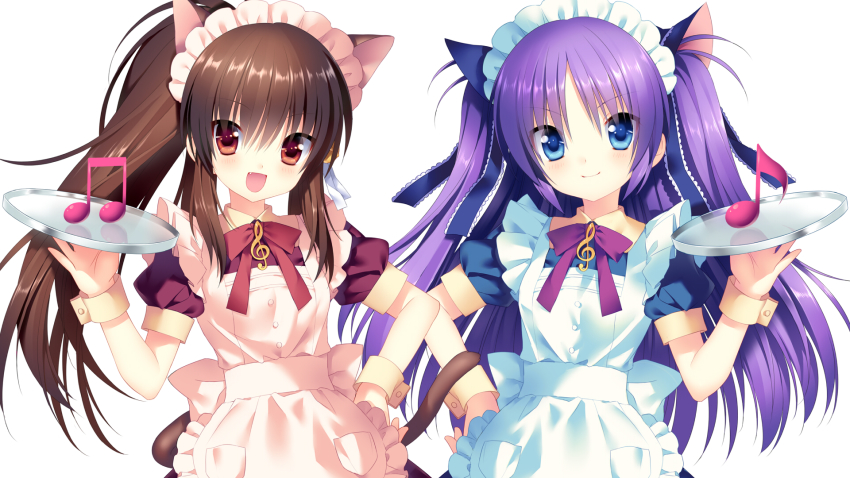 2girls :d animal_ears apron bad_id bad_pixiv_id beamed_quavers blue_eyes brown_eyes brown_hair cat_ears fang highres kemonomimi_mode little_busters! long_hair looking_at_viewer maid maid_apron maid_headdress multiple_girls musical_note natsume_rin open_mouth purple_hair quaver sacraneco sasasegawa_sasami sidelocks smile tray treble_clef two_side_up wrist_cuffs