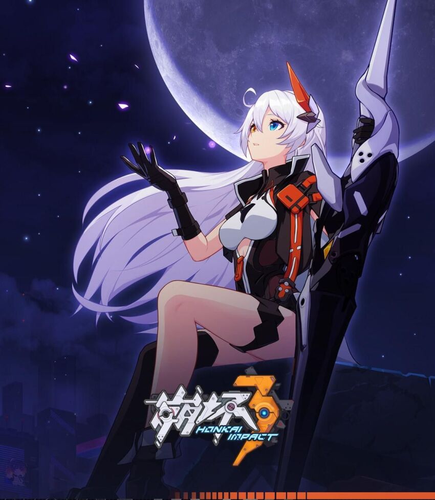 1girl ahoge belt black_jacket black_thighhighs blue_eyes boots cropped_jacket full_body headgear heterochromia highres holding holding_weapon honkai_(series) honkai_impact_3rd jacket kiana_kaslana kiana_kaslana_(void_drifter) long_hair moon official_art open_clothes open_jacket open_mouth sidelocks single_thighhigh solo source_request thighhighs very_long_hair weapon yellow_eyes