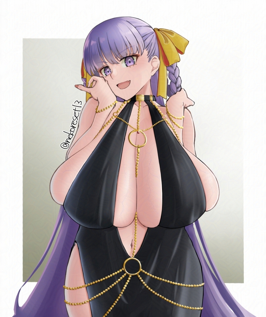 1girl bare_shoulders bb_(fate) bb_dubai_(fate) belly_chain black_dress blush bracelet braid braided_hair_rings breasts center_opening cleavage dress fate/grand_order fate_(series) hair_ribbon hair_rings highres huge_breasts jewelry long_hair looking_at_viewer navel necklace nekoreset13 open_mouth purple_eyes purple_hair ribbon side_slit sideboob smile solo twin_braids very_long_hair yellow_ribbon