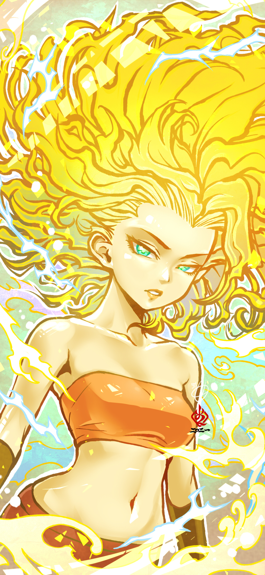 1girl absurdres aqua_eyes bandeau bare_shoulders blonde_hair bracer breasts caulifla commentary_request dragon_ball dragon_ball_super floating_hair glowing glowing_hair highres kanchiyo lightning looking_at_viewer medium_breasts midriff navel parted_lips pink_bandeau saiyan signature solo super_saiyan