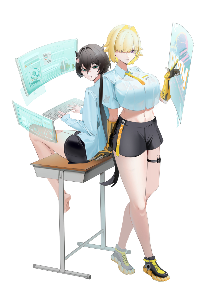 2girls absurdres ahoge black_shorts blonde_hair breasts computer_keyboard cropped_shirt elegg_(nikke) food goddess_of_victory:_nikke guriddopitto hair_intakes hair_ornament hair_over_eyes highres kamaboko large_breasts long_bangs looking_at_viewer multicolored_hair multiple_girls narutomaki navel necktie purple_eyes short_hair shorts sitting sweatdrop thigh_strap thighs trony_(nikke) two-tone_hair yellow_necktie