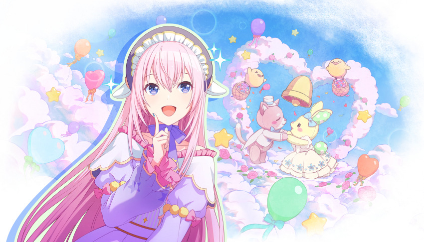 &gt;_&lt; 1boy 2girls arch balloon basket bird blue_eyes blue_nails bow bride cat coat collarbone colorful_palette crossed_bangs dress falling_petals flower frilled_dress frills hat highres holding_hands imagining long_hair megurine_luka minna_de_haishin_wedding_live!_(project_sekai) multiple_girls off-shoulder_dress off_shoulder official_art open_mouth petals pink_flower pink_hair pink_rose project_sekai puffy_sleeves purple_bow purple_dress rabbit rose sidelocks stuffed_animal stuffed_cat stuffed_rabbit stuffed_toy tailcoat third-party_source too_many top_hat very_long_hair white_coat white_dress wonderlands_x_showtime_luka yellow_bird