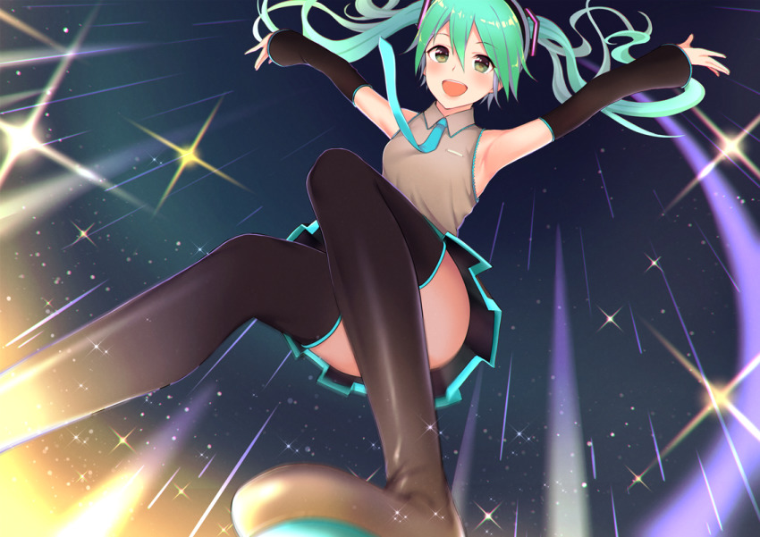 1girl 3d aqua_eyes aqua_hair aqua_necktie black_skirt blush boots breasts closed_eyes deca_purio detached_sleeves hatsune_miku headset light long_hair medium_breasts midair necktie night night_sky petals shadow skirt sky smile solo sparkle spotlight star_(sky) thigh_boots thighhighs tiptoes twintails very_long_hair vocaloid