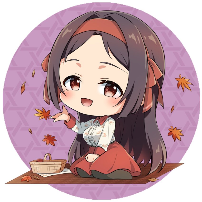 1girl :d autumn_leaves basket black_hair black_pantyhose blush breasts brown_eyes brown_hair center_frills chibi collared_shirt dress_shirt eda_udon forehead frills full_body hairband hand_up highres leaf long_hair long_sleeves looking_at_viewer maple_leaf medium_breasts mole mole_under_eye no_shoes nogi_wakaba_wa_yuusha_de_aru open_mouth pantyhose parted_bangs red_hairband red_skirt round_image shirt sitting skirt smile solo uesato_hinata very_long_hair white_shirt yuusha_de_aru