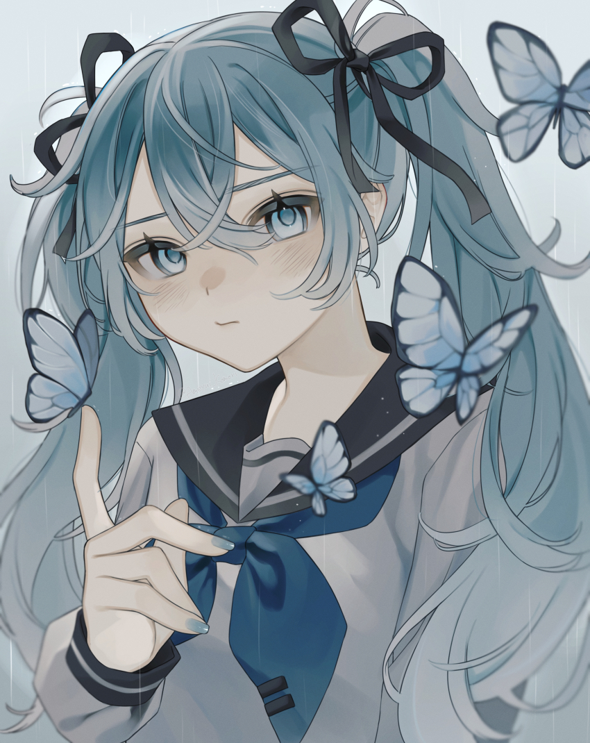 1girl absurdres ameyui_komori black_ribbon black_sailor_collar blue_butterfly blue_eyes blue_hair blue_nails blue_neckerchief bug butterfly butterfly_on_hand closed_mouth commentary_request double-parted_bangs grey_background grey_shirt hair_between_eyes hair_ribbon hand_up hatsune_miku highres insect long_hair long_sleeves looking_at_viewer nail_polish neckerchief puffy_long_sleeves puffy_sleeves ribbon sailor_collar school_uniform shirt simple_background solo twintails upper_body vocaloid