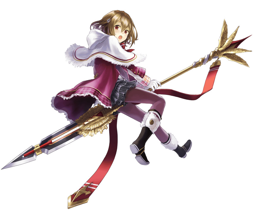 1girl black_footwear boots crossed_bangs from_side full_body gloves hair_between_eyes hair_ornament highres holding holding_polearm holding_weapon jacket light_brown_hair longinus_(phantom_of_the_kill) looking_at_viewer official_alternate_costume official_art open_mouth orange_eyes pantyhose phantom_of_the_kill polearm purple_jacket purple_pantyhose simple_background skirt solo spear sweatdrop teeth transparent_background upper_teeth_only watarubou weapon white_gloves