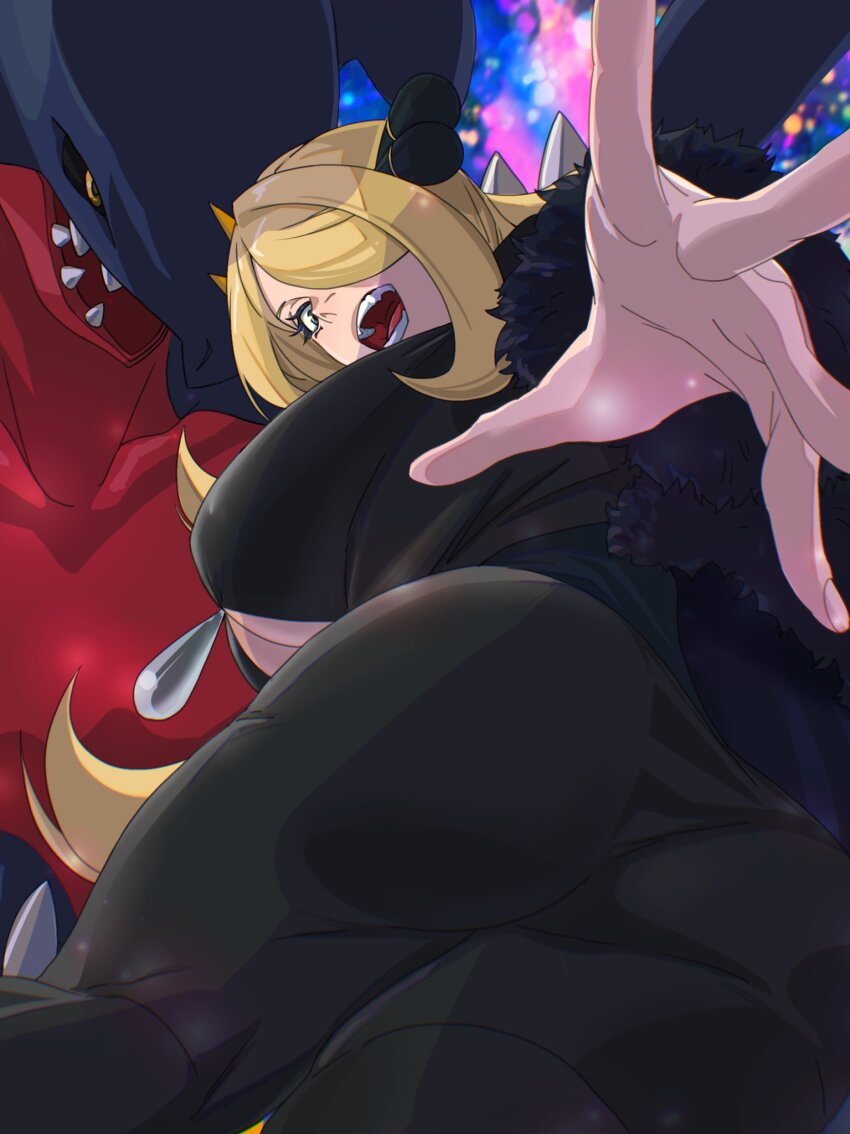 1girl ass black_coat black_sclera blonde_hair breasts cleavage coat collarbone colored_sclera creatures_(company) cynthia_(pokemon) dragon fur-trimmed_coat fur-trimmed_sleeves fur_collar fur_trim game_freak garchomp gen_4_pokemon grey_eyes hair_over_one_eye highres large_breasts long_hair long_sleeves mattsun_(lyohei) nintendo open_mouth pokemon pokemon_(creature) pokemon_dppt shark sharp_teeth spikes teeth very_long_hair yellow_eyes