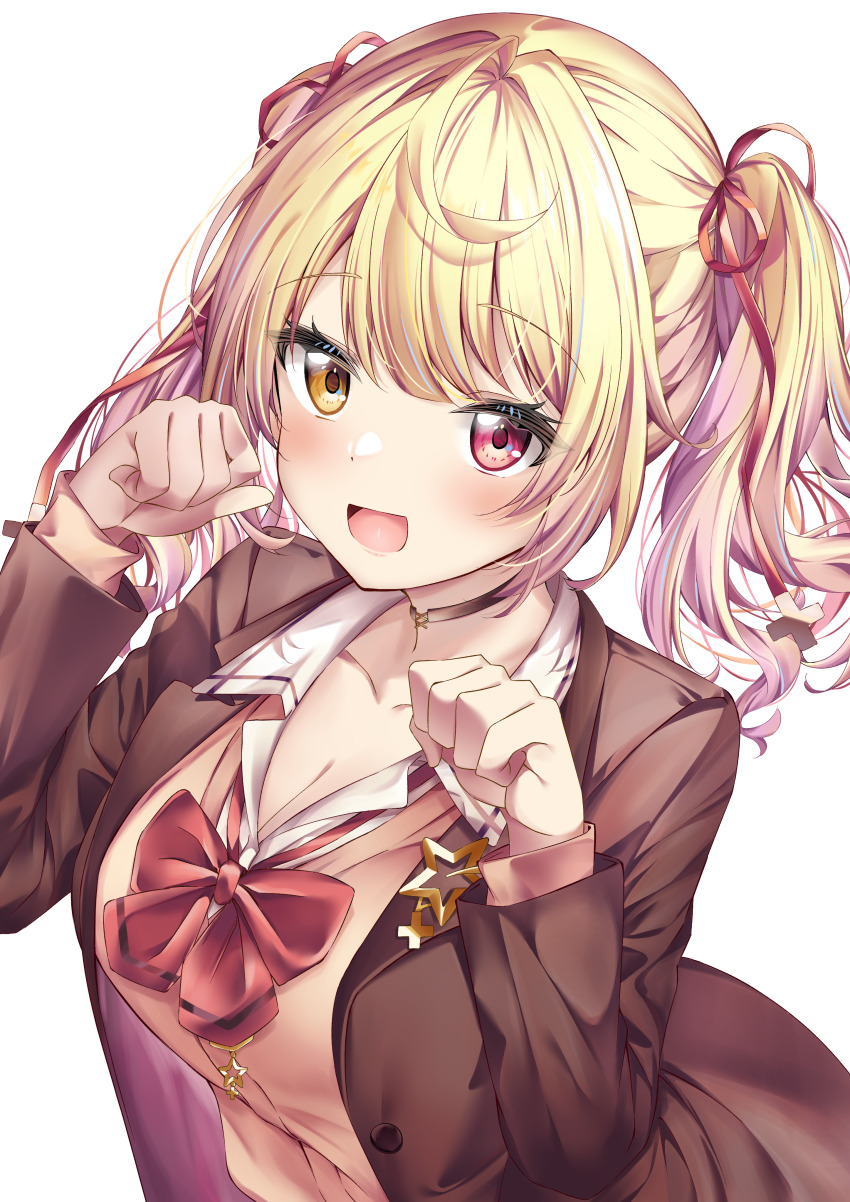 1girl absurdres blazer blonde_hair bow bowtie breasts cardigan cleavage commentary_request hair_ribbon heterochromia highres hoshikawa_sara hoshikawa_sara_(4th_costume) jacket large_breasts long_sleeves looking_at_viewer medium_hair nijisanji official_alternate_costume open_mouth paw_pose pink_cardigan pink_eyes red_bow red_bowtie ribbon school_uniform shizuku_(shizukusushi) simple_background smile solo three_quarter_view transparent_background twintails upper_body virtual_youtuber yellow_eyes