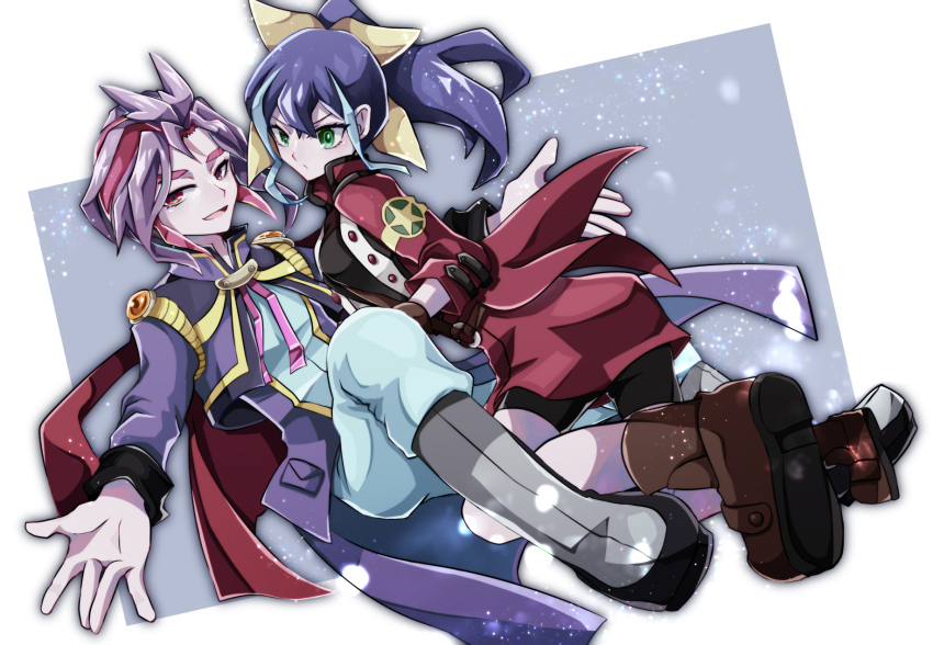 1boy 1girl bike_shorts black_shorts blue_hair boots brown_footwear duel_academy_uniform_(yu-gi-oh!_arc-v) full_body green_eyes grey_footwear hair_ribbon highres jacket joeri_(yu-gi-oh!) long_hair long_sleeves looking_at_another looking_at_viewer multicolored_hair otowaika ponytail purple_hair purple_jacket red_eyes red_hair red_jacket ribbon serena_(yu-gi-oh!) short_hair shorts two-tone_hair yellow_ribbon yu-gi-oh! yu-gi-oh!_arc-v