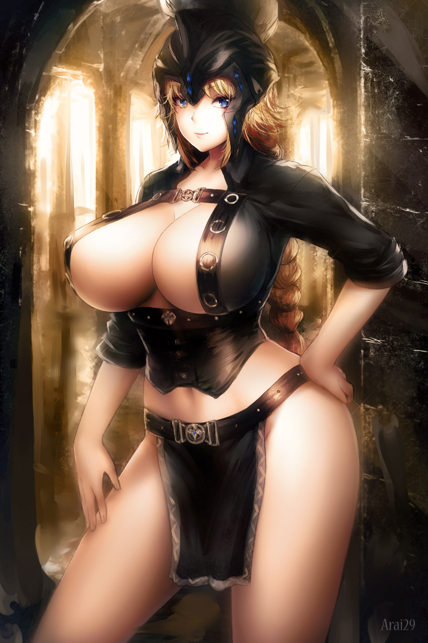 1girl arai29 bare_hips blonde_hair blue_eyes breasts cleavage groin helmet highres large_breasts long_hair midriff navel original pelvic_curtain revealing_clothes solo tagme thick_thighs thighs very_long_hair warrior