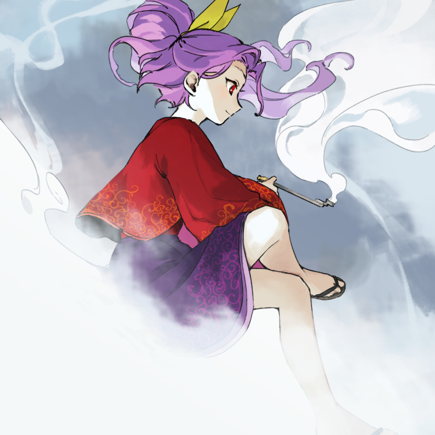 1girl bare_legs closed_mouth commentary_request crossed_legs floating_hair from_side high_ponytail highres holding holding_smoking_pipe invisible_chair japanese_clothes kaigen_1025 kimono kiseru komakusa_sannyo light_smile long_hair long_sleeves partial_commentary print_kimono print_skirt profile purple_hair purple_skirt red_eyes sandals sitting skirt smoke smoke_trail smoking_pipe solo touhou wide_sleeves