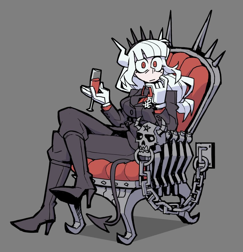 1girl :i absurdres black_boots boots breasts chain chair cup demon_girl demon_horns demon_tail drinking_glass gloves grey_background helltaker high_heel_boots high_heels highres holding holding_cup horns large_breasts long_hair lucifer_(helltaker) mole mole_under_eye necktie red_eyes red_shirt shirt simple_background sitting solo tail vanripper white_hair white_horns wide-eyed wine_glass