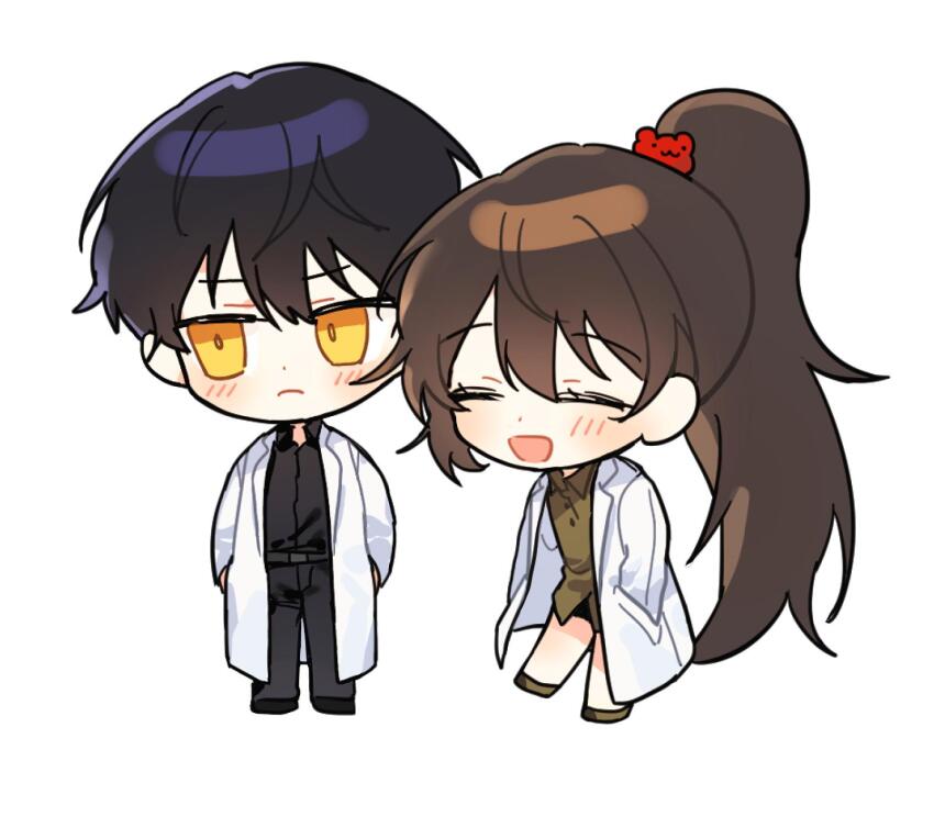 1boy 1girl ayin_(project_moon) black_hair black_shirt black_skirt blush brown_hair brown_shirt carmen_(project_moon) chibi closed_eyes closed_mouth coat collared_shirt full_body happy highres isamu_(gaioo0303) lab_coat lapels lobotomy_corporation long_hair looking_to_the_side notched_lapels open_mouth pencil_skirt ponytail project_moon shirt simple_background skirt smile very_long_hair white_background white_coat yellow_eyes