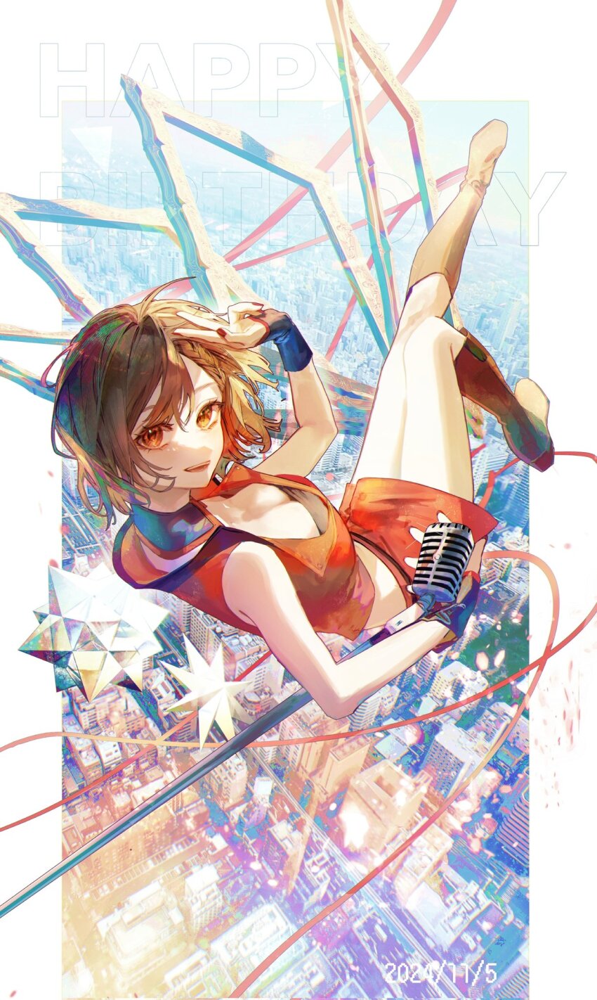 1girl 2024 black_bra bob_cut boots border bra braid breasts brown_eyes brown_hair city cleavage commentary_request dated english_text floating_hair happy_birthday highres holding holding_microphone karanagare large_breasts looking_at_viewer looking_back meiko_(sp) meiko_(vocaloid) microphone open_mouth red_nails red_skirt red_vest side_braid skirt smile solo underwear v vest vocaloid white_border wrist_guards