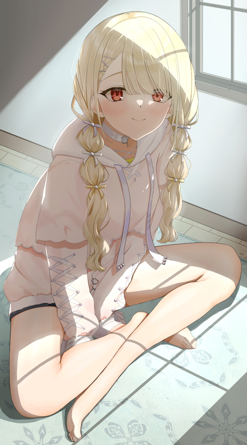 1girl arm_between_legs barefoot black_shorts blonde_hair blunt_bangs braid cheshirena3 choker drawstring hair_ribbon highres hood hood_down hoodie indian_style kogara_toto layered_clothes looking_at_viewer on_floor pink_hoodie red_eyes ribbon shadow shorts sitting smile solo swept_bangs twin_braids virtual_youtuber vspo! white_choker white_ribbon window