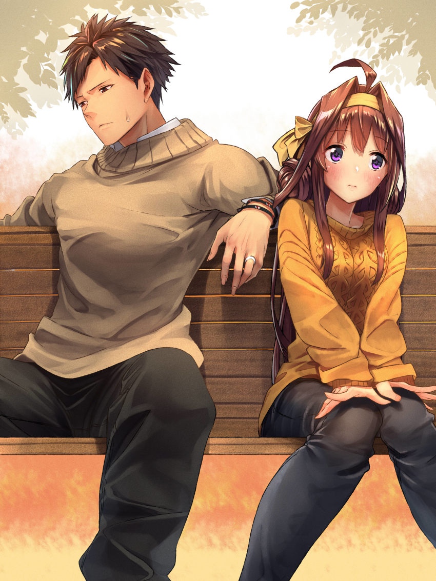 10s 1boy 1girl absurdres admiral_(kancolle) ahoge alternate_costume aran_sweater awkward baffu bench black_hair black_pants blush bracelet brown_eyes brown_hair cable_knit casual closed_mouth commentary_request couple double_bun embarrassed fingernails hair_bun hair_ribbon hairband hands_on_own_knees hetero highres jewelry kantai_collection knees_together_feet_apart kongou_(kancolle) long_hair long_sleeves looking_away nervous outdoors pants park_bench purple_eyes ribbon ring short_hair shy side-by-side sitting sleeves_past_wrists spiked_hair spread_legs sweat sweatdrop sweater wedding_band